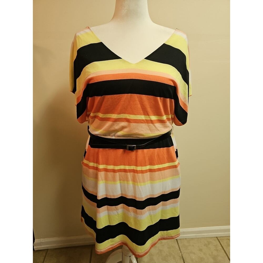 Attention Striped Color Block Dress With Belt & Pockets Size XL‎